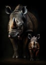 Adult rhinoceros portrait with small calf against dark background