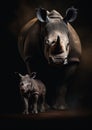 Adult rhinoceros portrait with small calf against dark background