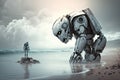 adult robot in form of man standing on shore and crying sad robot