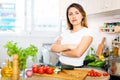 Adult sad latino woman tired of worries at kitchen Royalty Free Stock Photo