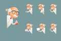 Adult Scientist Character Old Grandfather Wise Look Out Corner Icons Set Cartoon Design Vector Illustration