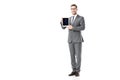 adult smiling businessman holding ipad tablet isolated