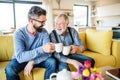 An adult son and senior father sitting on sofa indoors at home, drinking tea. Royalty Free Stock Photo