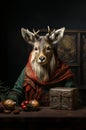 Adult stag as a Christmas character holding sitting behind a table