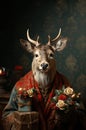 Adult stag as a Christmas character holding presents and flowers