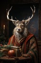 Adult stag as a Christmas character holding sitting behind a table