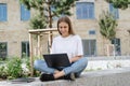 Adult student girl using modern laptop computer Royalty Free Stock Photo