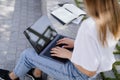 Adult student girl using modern laptop computer Royalty Free Stock Photo