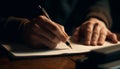 Adult studying literature, holding pen, working at desk indoors generated by AI