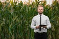 Adult, stylish, blonde, businessman holding a black, new tablet and standing in the middle of green and yellow corn field Royalty Free Stock Photo