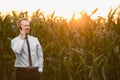 Adult, stylish, blonde, businessman talking on phone in the middle of green and yellow corn field during sunrise Royalty Free Stock Photo