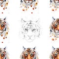 Adult tiger graphic, icon, watercolor illustration