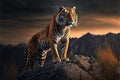 An adult tiger stands on a rock against the backdrop of the evening mountain, AI generated