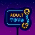 Adult toys flyer neon emblem on street banner. Sexual accessory. Isolated vector stock illustration