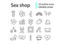 Adult toys outline icons set. Sex shop. Erotic products. Sexual accessories. Isolated vector stock illustration