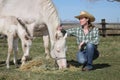 Western woman with white horse and foal