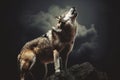 adult wolf howling in the night. Generative AI