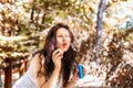 Adult woman blowing soap bubbles Royalty Free Stock Photo