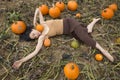 Adult woman dancing in a Connecticut pumpkin patch in autumn Royalty Free Stock Photo