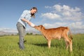 Woman feeding baby calf a bottle Royalty Free Stock Photo