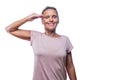 adult woman giving a military salute on a white background Royalty Free Stock Photo