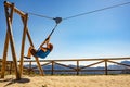 Adult woman having fun on zipline Royalty Free Stock Photo