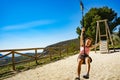 Adult woman having fun on zipline Royalty Free Stock Photo