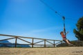 Adult woman having fun on zipline Royalty Free Stock Photo