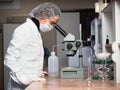 Adult woman protective glasses and medical mask using microscope examines the samples in chemical laboratories against the Royalty Free Stock Photo