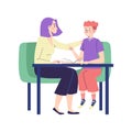 Adult woman and teenage child talking friendly flat vector illustration isolated.