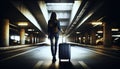 an adult woman tourist with a suitcase in an underground airport parking lot, viewed from behind Royalty Free Stock Photo