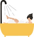 Adult Women Taking A Bath in a Bathup with Soap Bubbles, Modern Flat Illustration