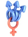 Adultery or a polygamy 3d concept - many male symbols attached on one female symbol