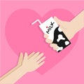 Adult hand gives milk to young hand, Abstract take care flat background vector design