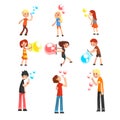 Adults and children blowing soap bubbles set cartoon vector Illustration on a white background Royalty Free Stock Photo