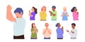 Adults and children cartoon characters praying with folded hands asking god for help or thanking