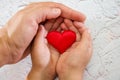 Adults and children hands holding a red heart, healthcare, love, organ donation, family insurance and CSR concept, World Heart Day Royalty Free Stock Photo