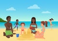 Adults and children making sandcastles and having fun on the beach vector illustration.