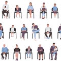Adults and children sitting on chairs and waiting in the queue seamless pattern