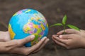 Adults holding a globe and child hand holding a small seedling, plant a tree, reduce global warming, World Environment Day Royalty Free Stock Photo