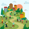 Adults and kids planting trees and bushes in the park vector illustration. Group people work together to improve the Royalty Free Stock Photo