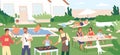 Adults and kids spending time in backyard at barbecue party or picnic. People performing recreational activities in