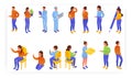 Adults and kids standing, sitting in different poses, isometric icon set, flat vector isolated illustration. Royalty Free Stock Photo