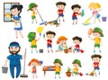 Adults and kids in various cleaning positions Royalty Free Stock Photo