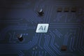 Advanced AI chip integrated onto a complex electronic board, representing the integration of AI technology into modern electronics