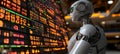 Advanced AI Humanoid Robot Analyzing Real-Time Stock Data on Holographic Screens in Finance Royalty Free Stock Photo