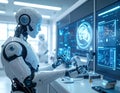 Advanced AI Humanoid Robot Operating Futuristic Digital Interface in High Tech Laboratory, Artificial IntelligenceTechnology Royalty Free Stock Photo