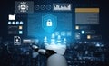 Advanced AI Interface with Digital Lock on Robotic Hand in Cybersecurity and Data Protection Concept against Night City Royalty Free Stock Photo