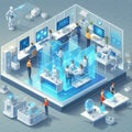 Advanced AI Office with Robots and Digital Workstations