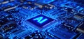 An advanced AI processor on a printed circuit board illuminated by blue lights
